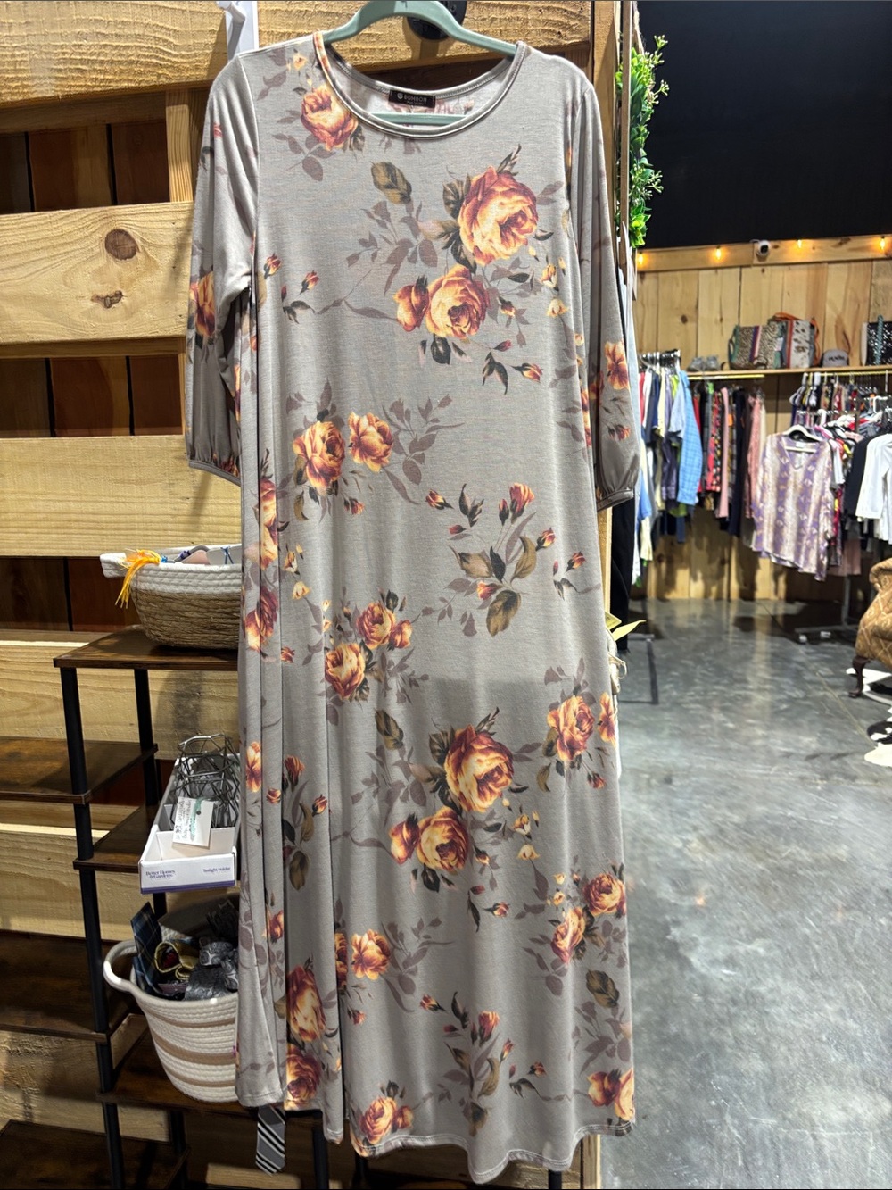 Floral taupe gray Maxi Dress with Yellow Rose Print